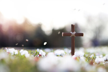 예수그리스도의 죽음과 부활을 상징하는 십자가와 봄 꽃 그리고 떨어지는...
