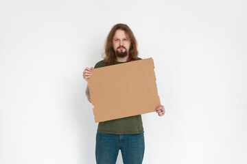 Ukrainian man refugee holding cardboard on white background
