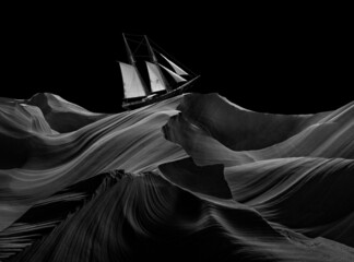 Sailing old ship in a stormy sea of stone waves. Collage of the stone structure of the Antelope Canyon