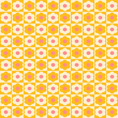 Vintage checkerboard geometric floral seamless pattern. Retro 70s nostalgic simple shaped groovy flowers with circles colorful background. Modern fashion vector print for fabric, wallpaper