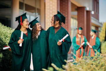 Multiracial group of happy female graduates celebrating after the ceremony.
