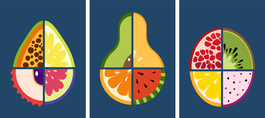 set of illustrations of fruits in minimalism. vector illustrations of stylized pears, avocado, papaya, figs, lemon, orange, watermelon, pomegranate, lemon, kiwi and others