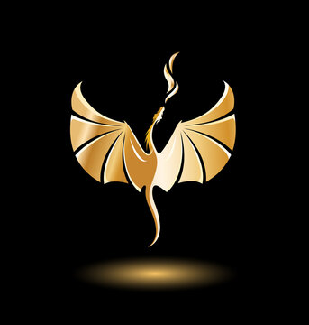 Stylized rising flying Dragon breathing fire. Image in gradient golden and black colors.  Vector illustration. Works well as label, icon, emblem, design element, print, mascot.