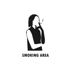 Young lady smoking cigarette, smoking room or area sign or icon simple black vector silhouette illustration.