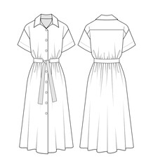 Fashion technical drawing of midi shirt dress with belt