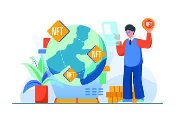 Fototapeta premium Digital World NFT Illustration concept. Flat illustration isolated on white background