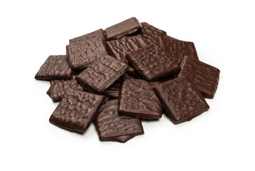 Dark chocolate candies isolated on white background.