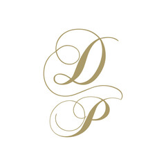 gold script monogram, letter d and letter p