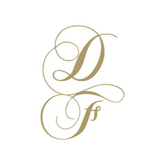 gold script monogram, letter d and letter f