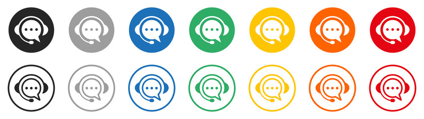 Set of headset and speech bubbles icons. Headphone signs, contact us, colorful support icons. Vector. - obrazy, fototapety, plakaty