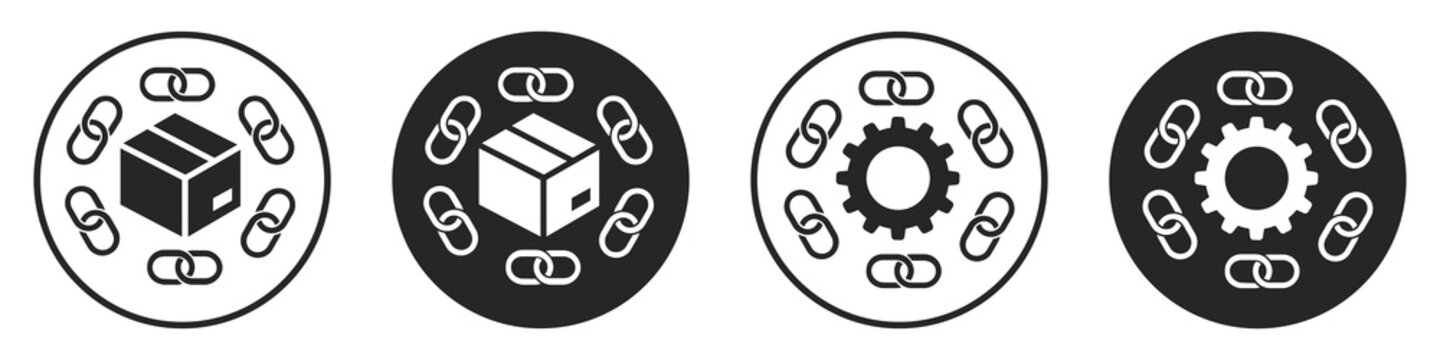 Set of supply chain icons. Logistic and delivery symbol. Gear, chain and box in the circle. Supply chain vector.
