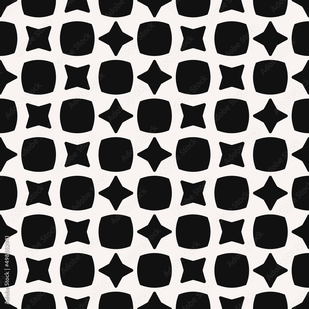 Poster Four-pointed black stars with rounded shapes alternate on a white background. Vector with simple shapes make a pattern.