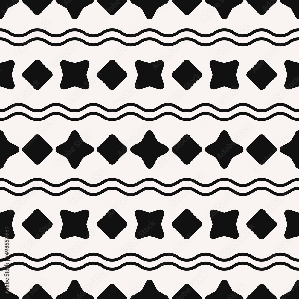 Poster Black geometric shapes in a row, and wavy lines. Vector and seamless pattern with black shapes.