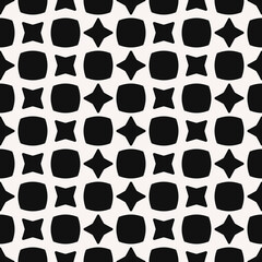Four-pointed black stars with rounded shapes alternate on a white background. Vector with simple shapes make a pattern.