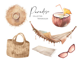 Watercolor summer vacation set. Isolated recreation items isolated on white background: hammock, coconut shake, picnic bag, hat, sunglasses - 498552979