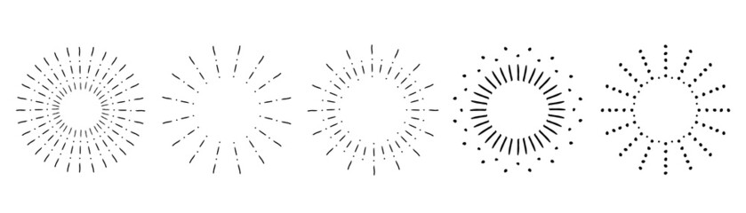 Sunburst set. Vintage sunrise collection.  Vector light rays elements. Firework explosion, stars, emblem, logo, tag. Vector Illustration 