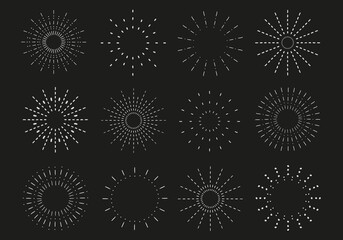 Sunburst set. Vintage sunrise collection.  Vector light rays elements on black background. Vector Illustration 
