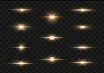 Set of bright gold flashes, lights and sparks on a transparent background. Abstract flash with glowing line, sunrise, shining golden stars. Ray shining border. Vector illustration