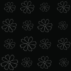 Seamless pattern with cosmos flower vector simple illustration isolated on black background. Outline hand drawn colored version. Floral vector for childrens fabric, summer design.