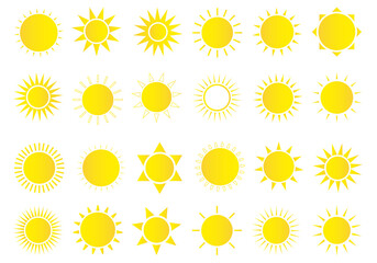 Sun icon set. Weather sun icon. Yellow sun star. Summer elements for design. Vector illustration
