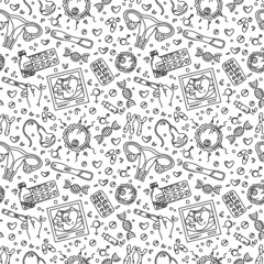 Pregnancy seamless pattern in Doodle style, prenatal care for woman. Vector linear hand drawing symbols of gestation
