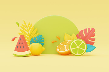 summer display with colorful tropical fruits and palm leaves,3d rendering.