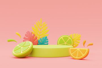 summer display with colorful tropical fruits and palm leaves,3d rendering.