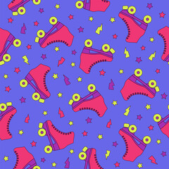 Naklejka premium Roller skate groovy seamless pattern. Neon colored retro vector background. Cartoon style fashion print for fabric, wallpaper, wrapping paper