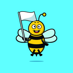 Cute cartoon Bee mascot character with white flag in modern design 