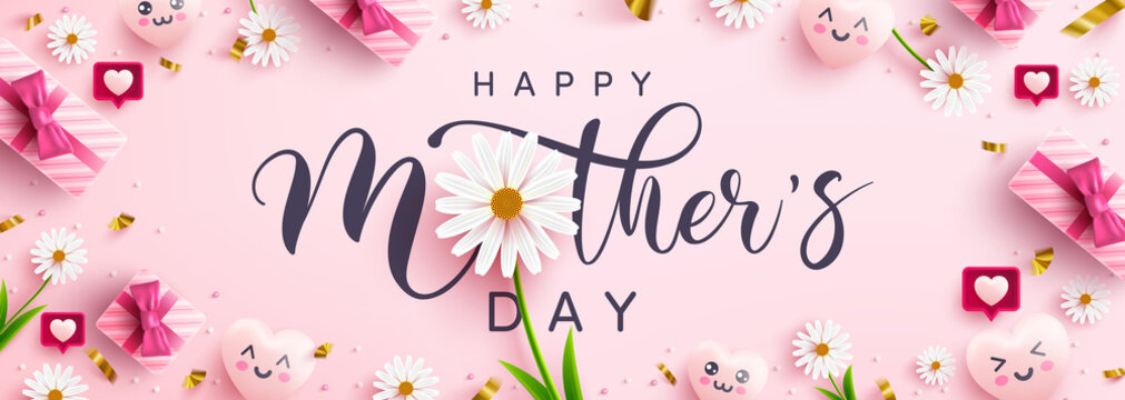 Mother's Day Poster or banner with sweet hearts,flower and pink gift box on pink background.Promotion and shopping template or background for Love and Mother's day concept.Vector illustration eps 10
