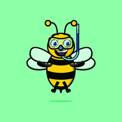 Cute cartoon bee diver with swimming glass in 3d modern style design