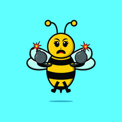 Cute cartoon bee holding bomb with scared expression in 3d modern style design