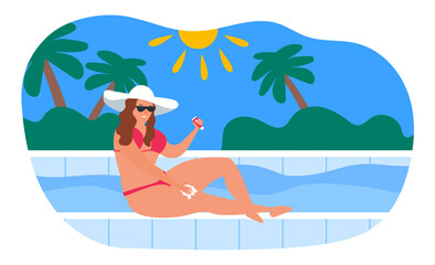 Obraz na płótnie Canvas woman applying sunscreen skin protection siiting near the pool summer vacation vector illustration