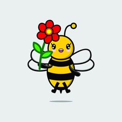 Cute cartoon bee character holding red flower in concept 3d cartoon style