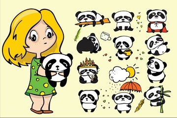 Cute girl with funny doodle baby panda. Perfect for kids cards, posters and prints.