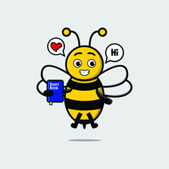 Cute cartoon bee character holding diary book with happy expression in concept 3d cartoon style