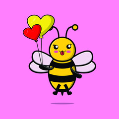 Cute cartoon bee floating with love balloon cartoon vector illustration 