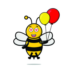 Cute cartoon bee floating with balloon cartoon vector illustration in concept 3d cartoon style
