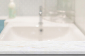 Empty white marble table top with blur bathroom background