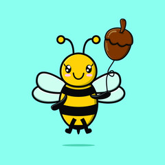 Cute cartoon bee floating with acorn balloon cartoon vector illustration