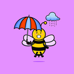 Cute cartoon bee character in the rain and using an umbrella in 3d modern style design