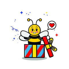 Cute cartoon bee character coming out from big gift box look so happy in concept 3d cartoon style