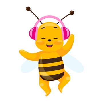 Cute bee listens to music with headphones isolated on white background. Smiling cartoon character dancing.