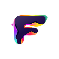 F letter logo with hologram glitch. Multicolor gradient sign with color shift and illusion effect.