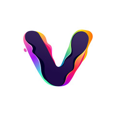 V letter logo with hologram glitch. Multicolor gradient sign with color shift and illusion effect.