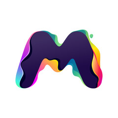 M letter logo with hologram glitch. Multicolor gradient sign with color shift and illusion effect.