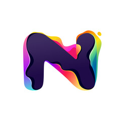 N letter logo with hologram glitch. Multicolor gradient sign with color shift and illusion effect.