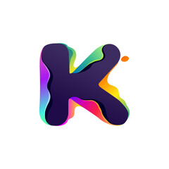K letter logo with hologram glitch. Multicolor gradient sign with color shift and illusion effect.