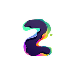 Number two logo with hologram glitch. Multicolor gradient sign with color shift effect.
