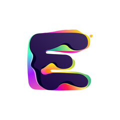 E letter logo with hologram glitch. Multicolor gradient sign with color shift and illusion effect.